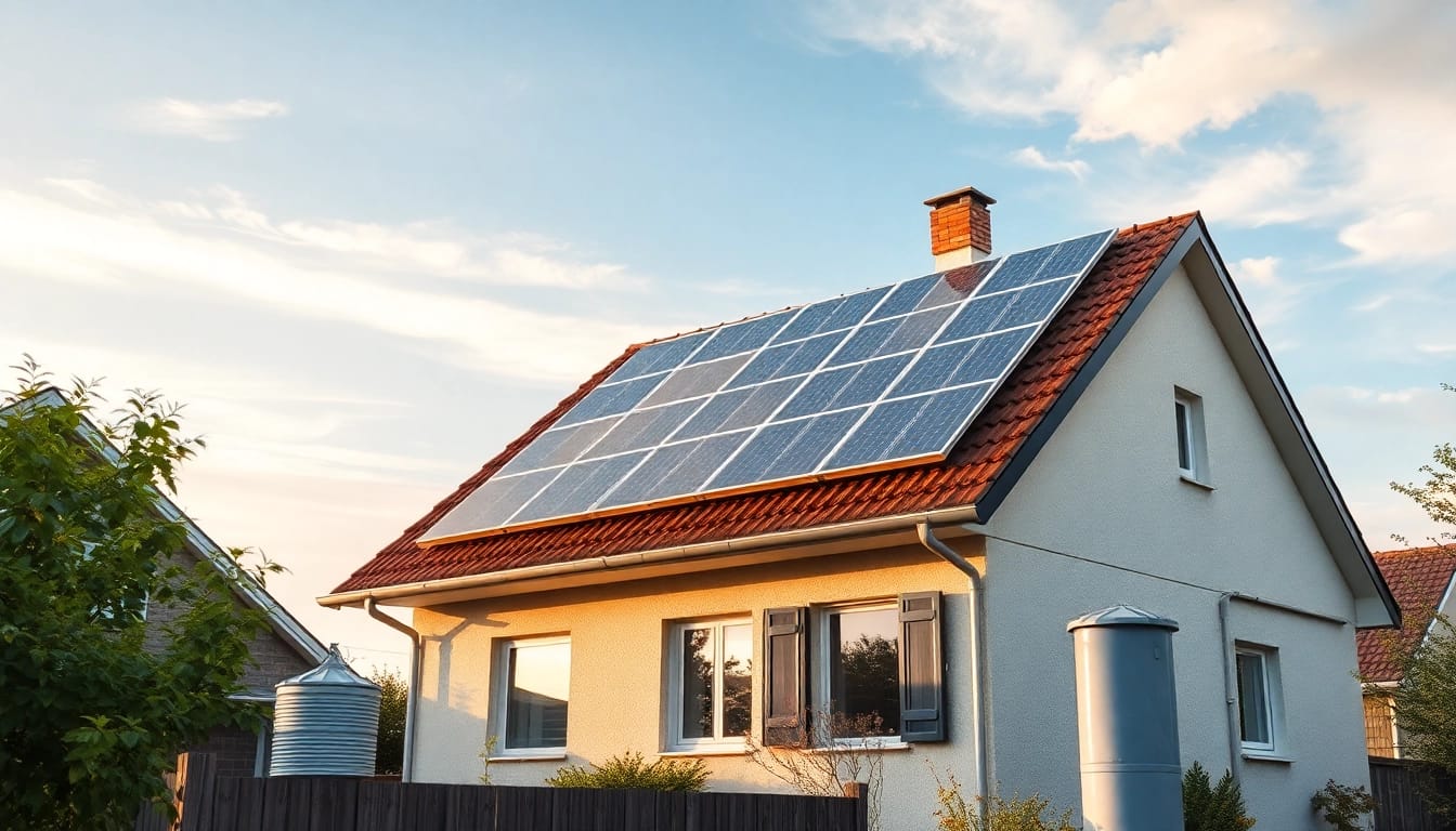 Visualisierung der Photovoltaikanlage kaufen Kosten auf einem Einfamilienhaus mit Sonnenschein und grüner Umgebung, die nachhaltige Energieerzeugung zeigt.