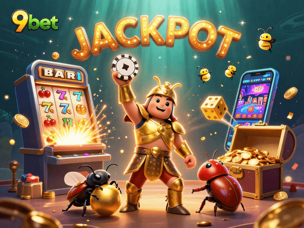 Win big with 9bet in this dynamic 3D scene featuring jubilant characters and vibrant casino elements.