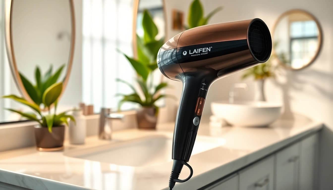 Die laifen haartrockner zeigt modernes Design und glänzende Oberfläche in einem stilvollen Badezimmer.
