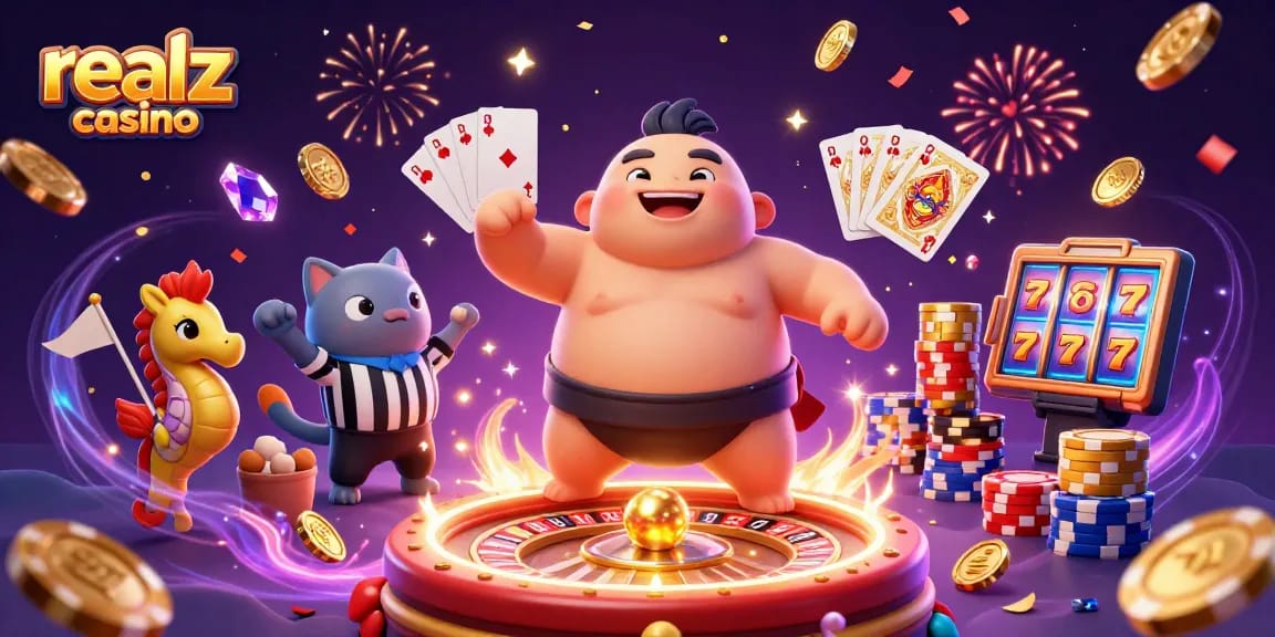 Bet big at realz casino with festive underwater scene featuring a fugu, catfish referee, and casino elements.