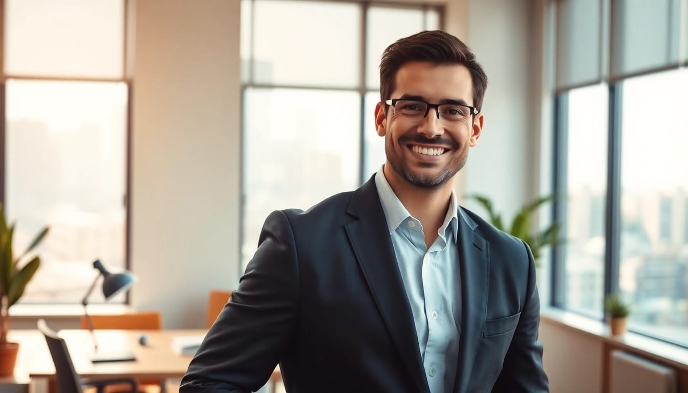Professionelles Business Portrait München eines lächelnden Geschäftsführers in moderner Büroumgebung.
