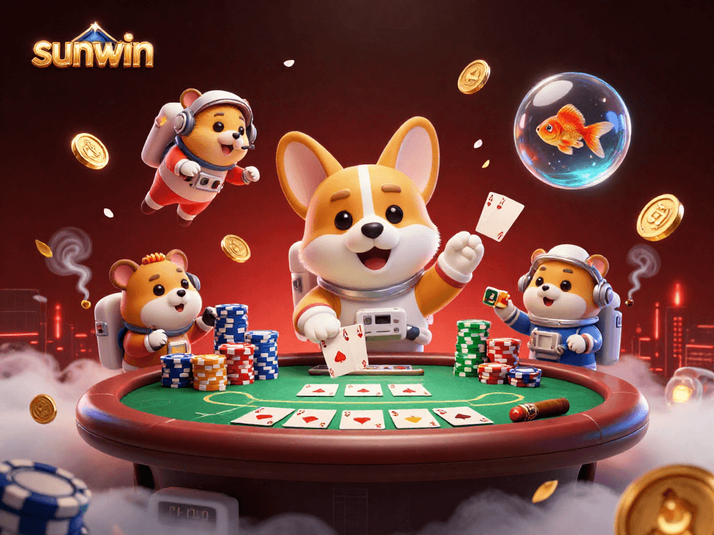Experience thrilling gameplay at sunwin as a corgi floats in a casino space station surrounded by poker elements.
