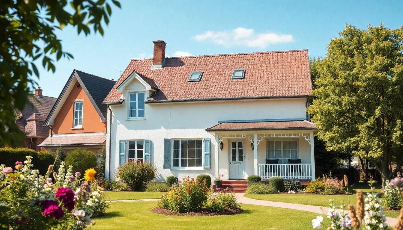 Traumhaftes Einfamilienhaus symbolisiert den Hauskauf.