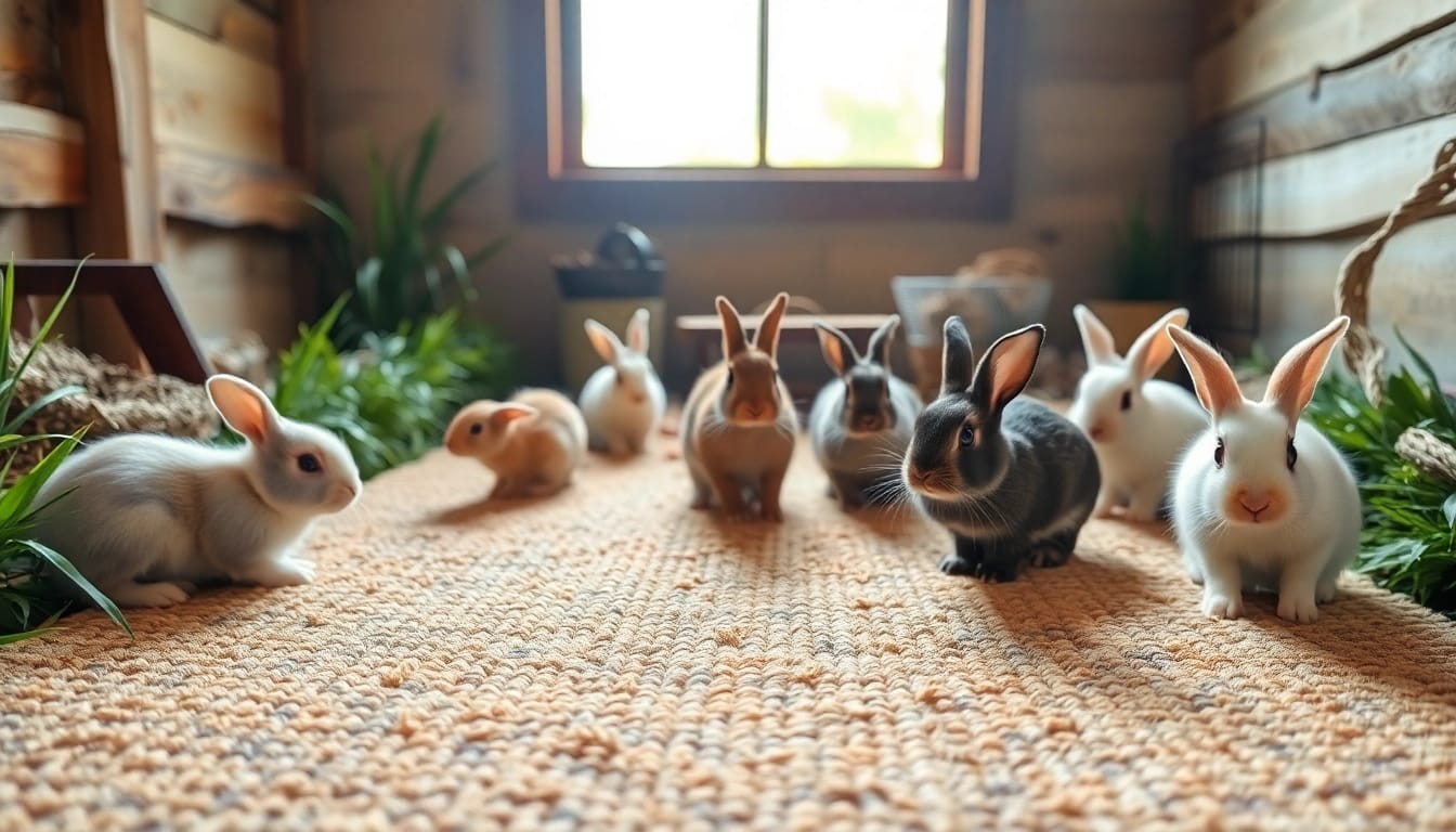 Hanfmatte in einem gemütlichen Käfig mit spielenden Kaninchen, natürliche Elemente und warme Beleuchtung.