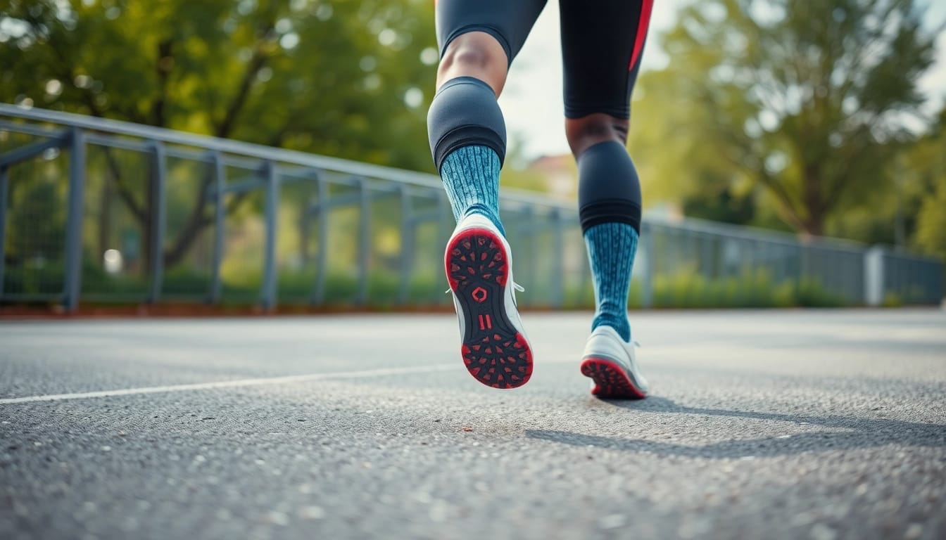 Aktive Person joggt in hochwertigen Kompressionssocken, die Stabilität und Unterstützung bieten.