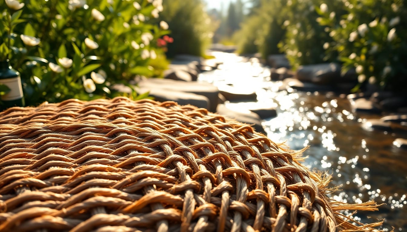 Die Hanfmatte in einem sonnigen Garten mit natürlicher Struktur und umgebenden Pflanzen.