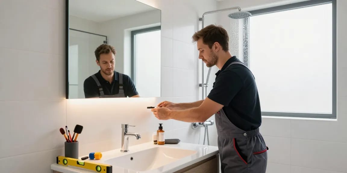 Badkamermeubel plaatsen kosten getoond door een professional die een eigentijdse wastafel installeert in een stijlvolle badkamer.