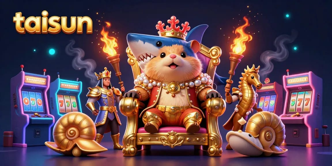 Taisun showcases a fierce golden hamster king on a megalodon throne amidst vibrant casino themes, embodying immersive gaming excitement.