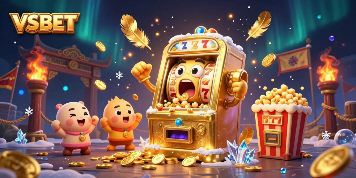 Experience the excitement of VSBET with a vibrant slot machine hitting a jackpot amidst gold coins and cheering characters.