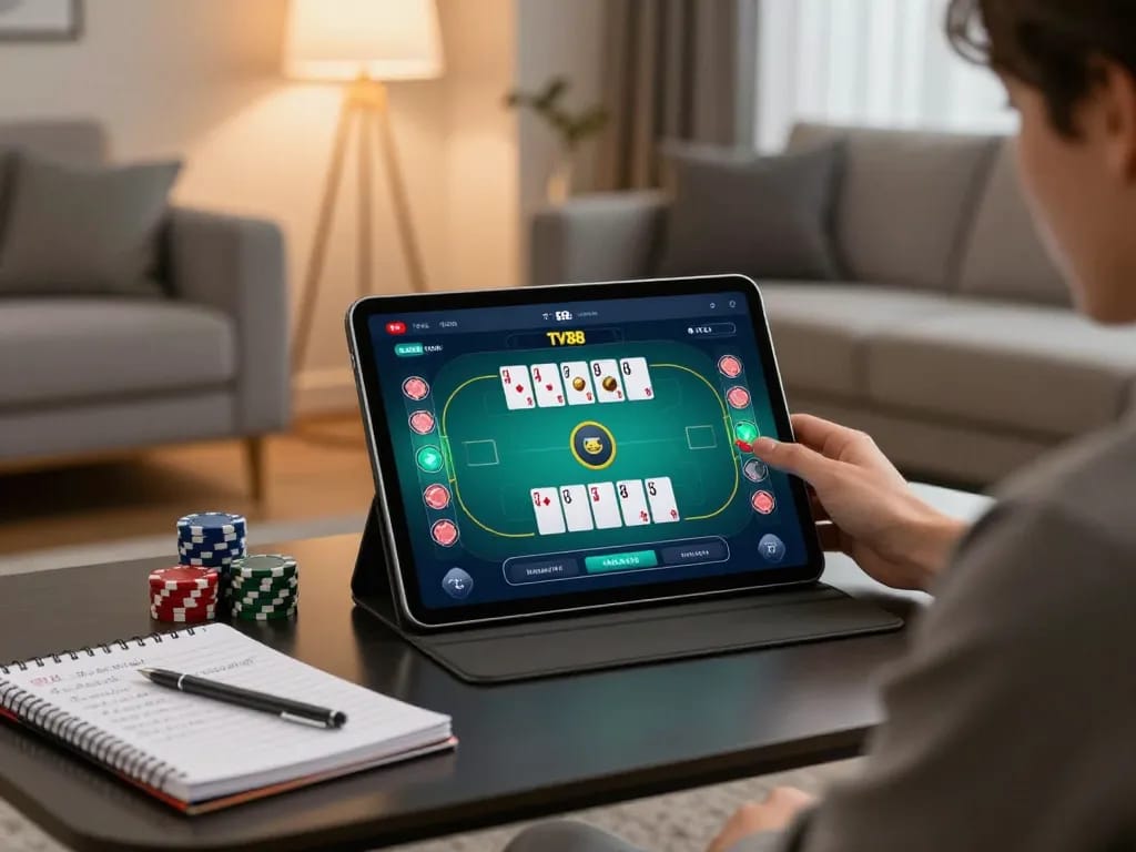Player using TV88 app on tablet for online poker gaming with strategy notes visible