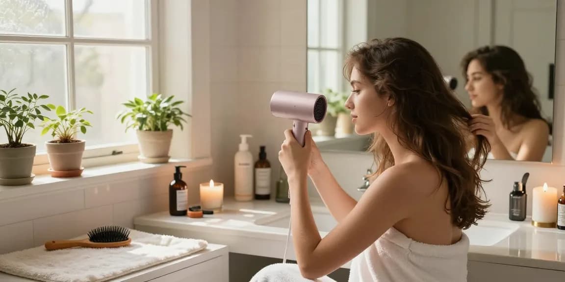 Youthful woman styling hair with a small hair dryer in a bright bathroom, showcasing personal care products.