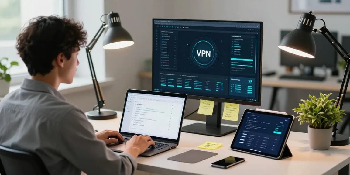 Mullvad VPN Sicherheit - A secure workspace with VPN interface and cybersecurity metrics demonstrating modern digital privacy.