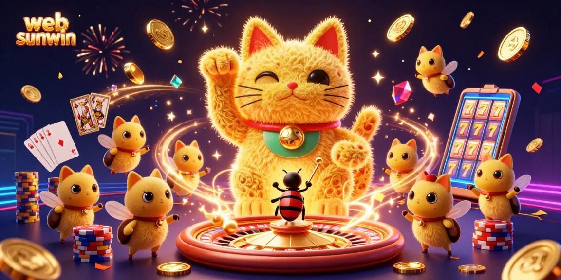 Engage with web sunwin’s vibrant world of gaming featuring golden fireflies and a lucky cat in a casino scene.