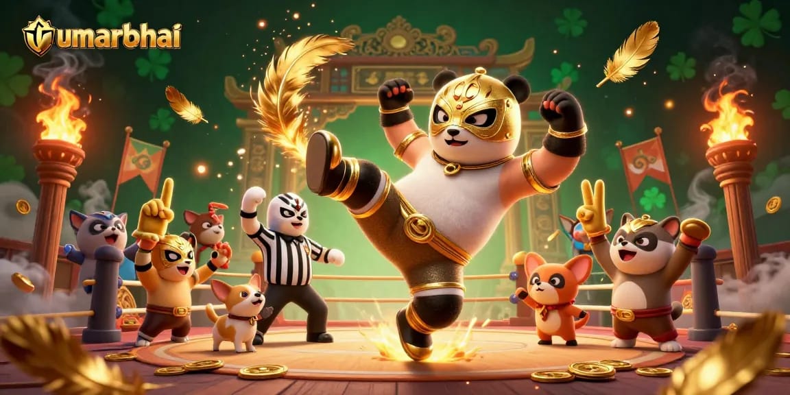 Experience thrilling luck with umarbhai in an action-packed casino scene featuring a lively panda wrestler.