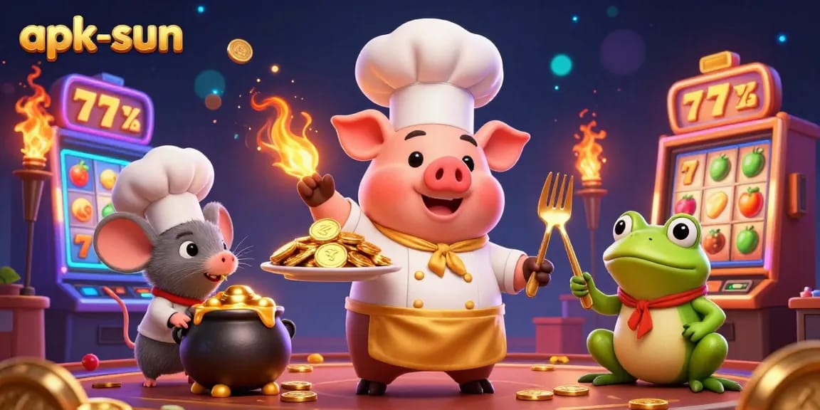 Experience the thrill of apk-sun as a cartoon chef pig serves gold coins in a vibrant casino scene.