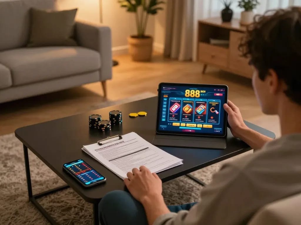 Engaged player enjoying 888NEW online casino gaming from a cozy home setup.