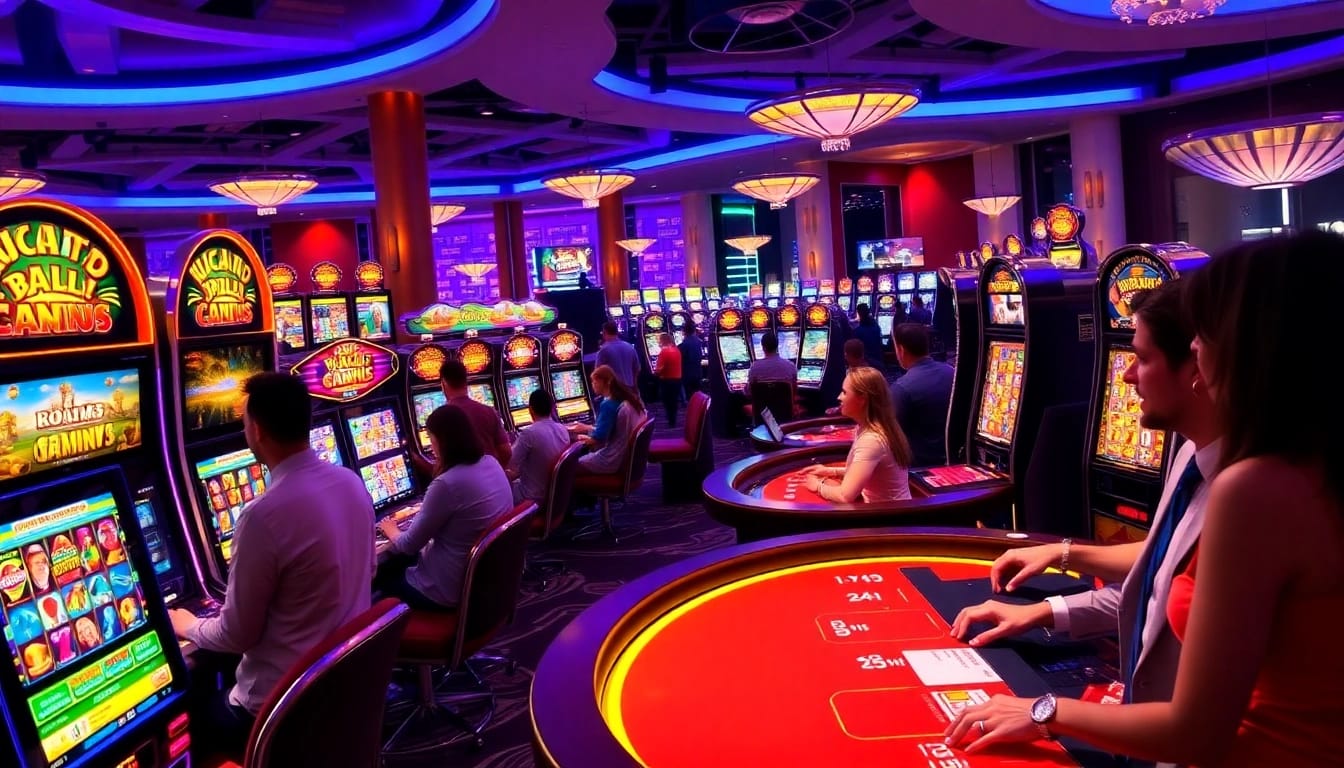 Players engaging in thrilling games at an online casino schweiz featuring colorful slot machines and live tables.