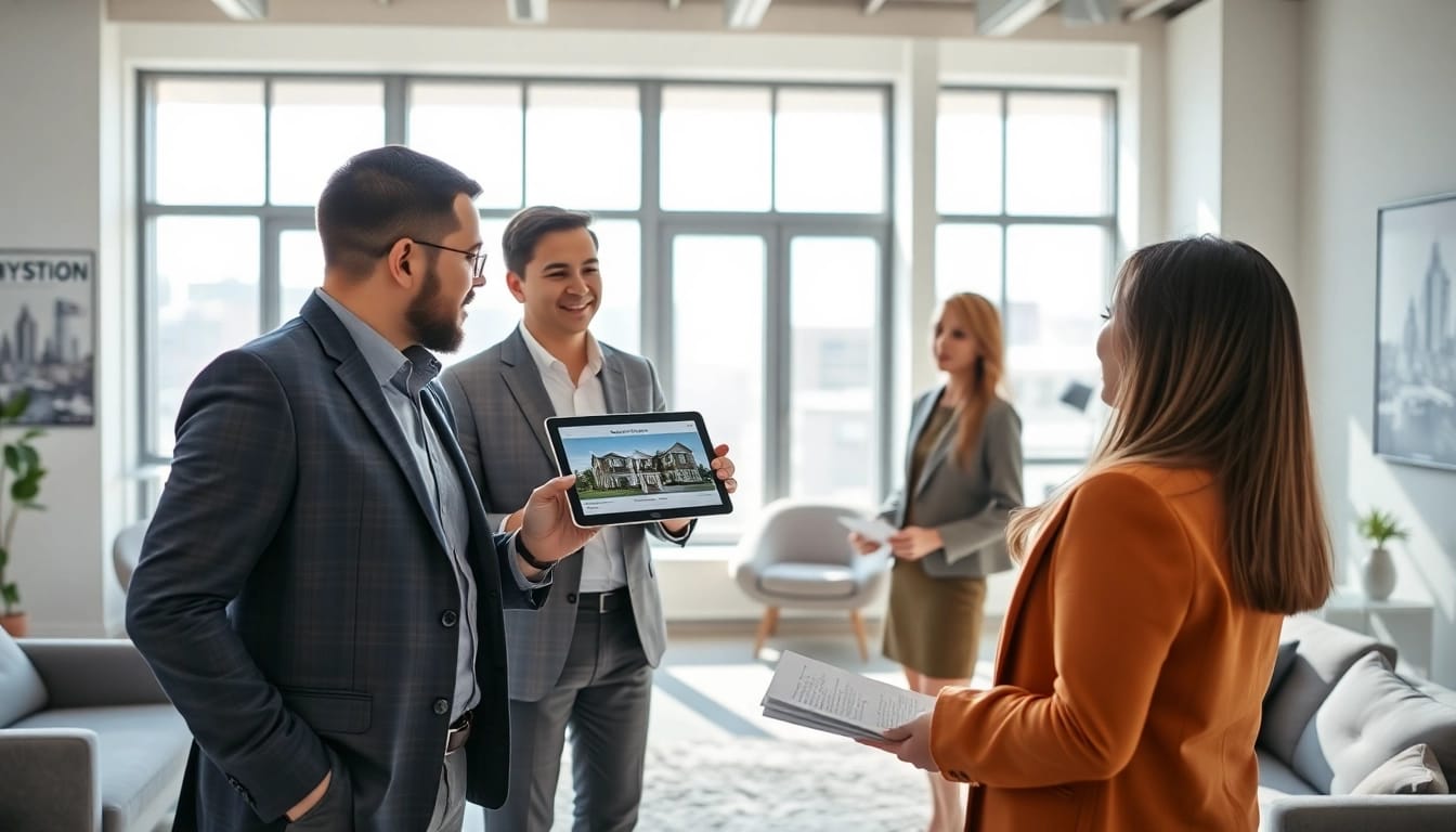 Immobilienmakler Frankfurt Sachsenhausen präsentiert ein Wohnungsangebot in einem modernen Büro.