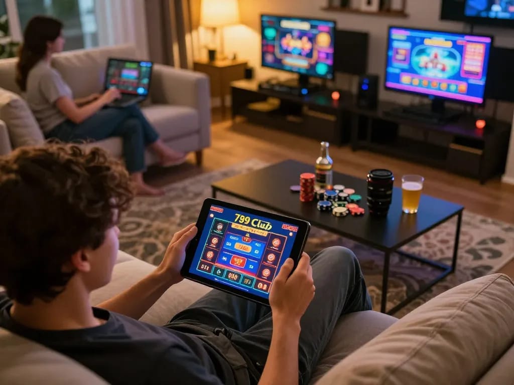 Người chơi hứng thú thưởng thức các trò chơi casino trực tuyến 789 Club với máy tính bảng trong không gian ấm cúng tại nhà.