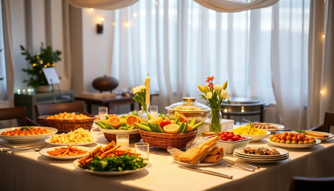 Buffet-Setup für einen Partyservice mit ansprechenden Speisen und Dekorationen.