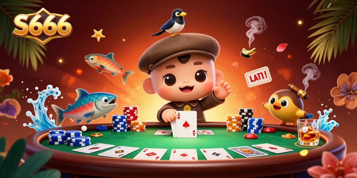 S666 poker scene illustrated with Nessie and friends enjoying gaming excitement and vibrant casino elements.