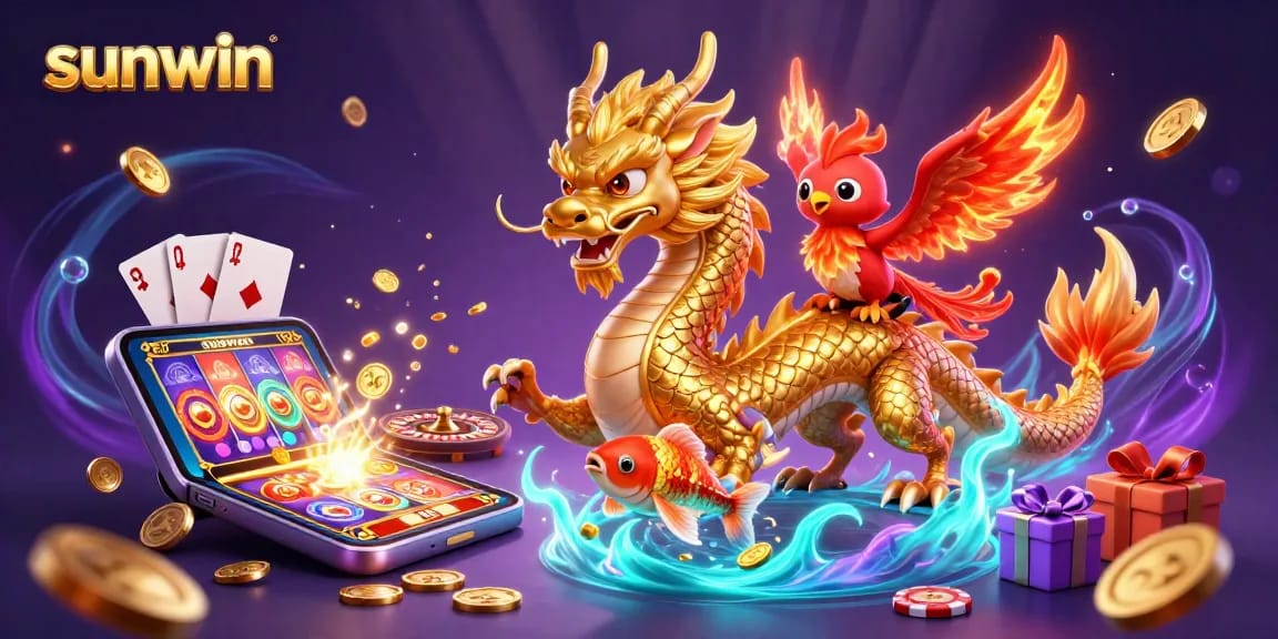 Experience the vibrant fun of sunwin with an epic casino scene including a dragon and phoenix.