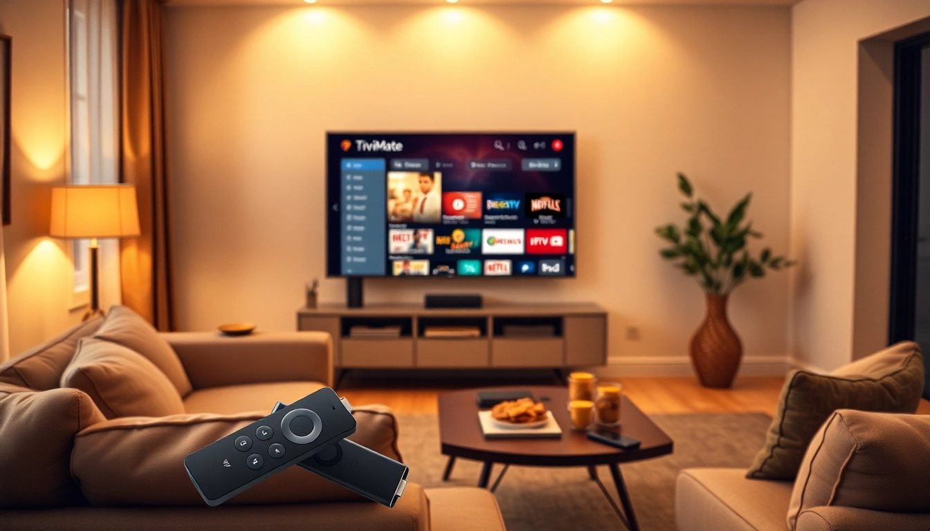 TiviMate interface displayed on a TV in a cozy living room setting.