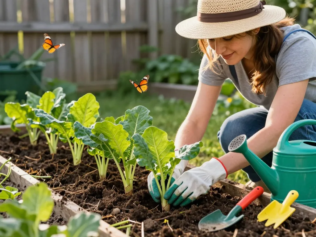 Gardener planting sommerporree seedlings in a vibrant garden scene.