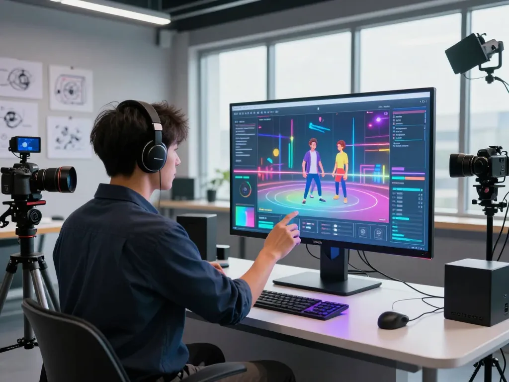 A professional demonstrating motion control ai in a high-tech studio with animated interfaces.