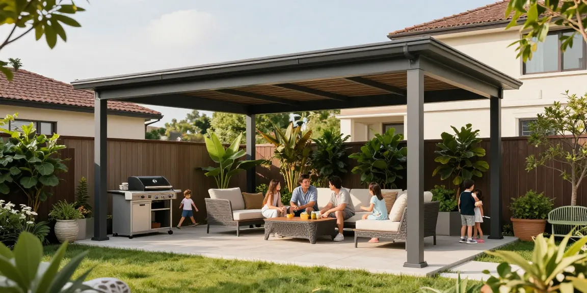 Freistehende Terrassenüberdachung im Garten mit Familie, die den sonnigen Tag genießt.
