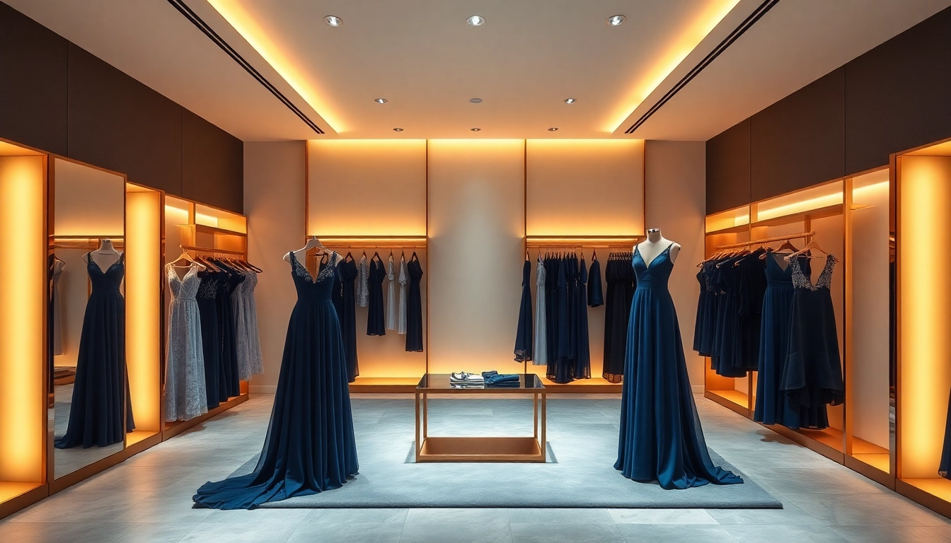 Luxury boutique display showcasing elegant evening gowns and sophisticated decor.