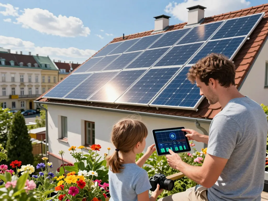 Solar Wien Hausbesitzer diskutieren die Vorteile von Solarenergie, umgeben von Solarpanelen und Garten.
