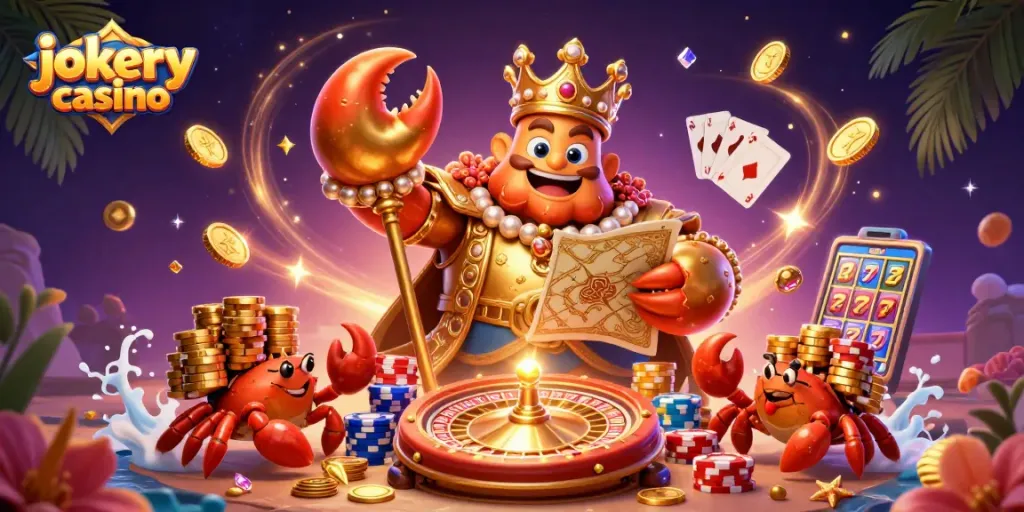 Experience the thrill with Jokery Casino, featuring a golden crab emperor amidst a vibrant, dynamic gaming scene.