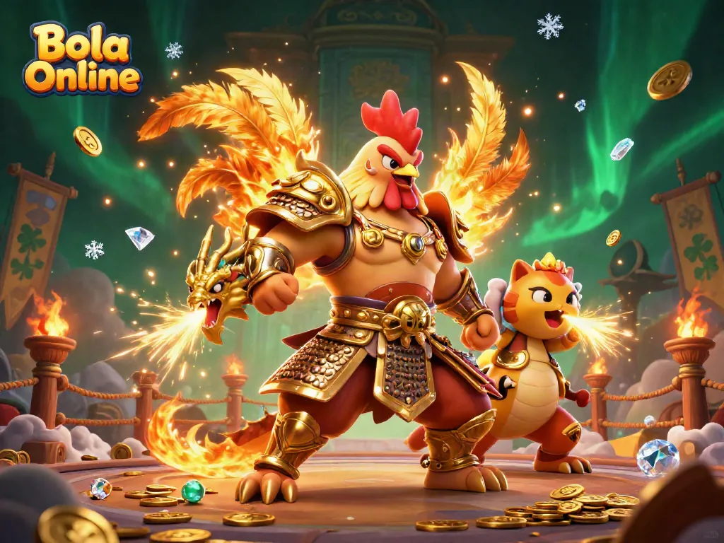Bola Online showcases an action-packed scene with a fighting rooster and dragon in a vibrant casino setting.