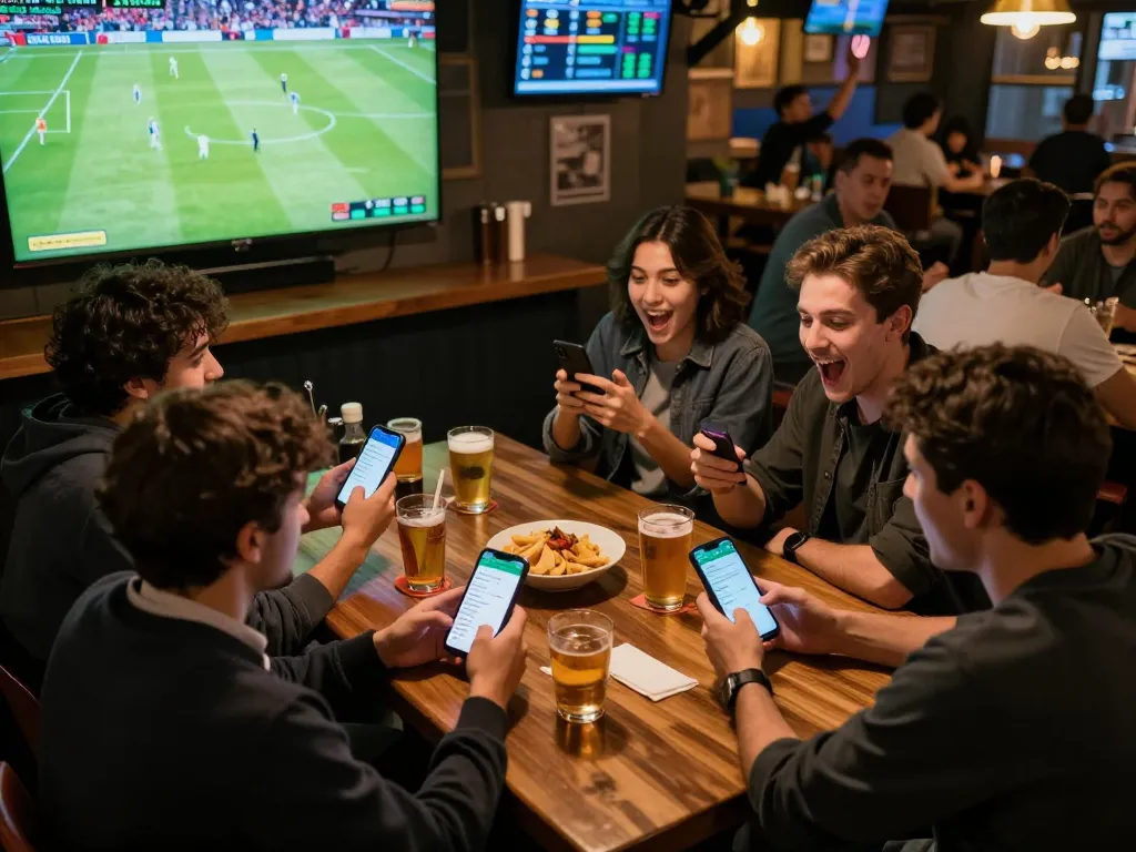 Friends enjoying a live sports betting experience while using keonhacaii app on their phones in a sports bar.