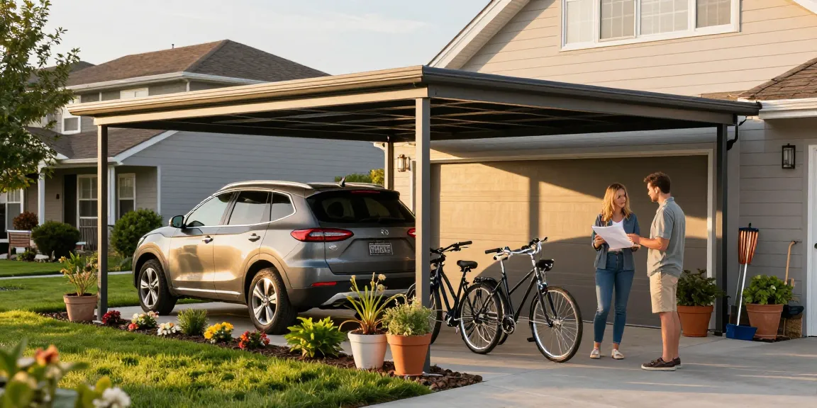 Moderne Carport-Installation mit Familien-SUV im Garten, stilvoll und funktional.