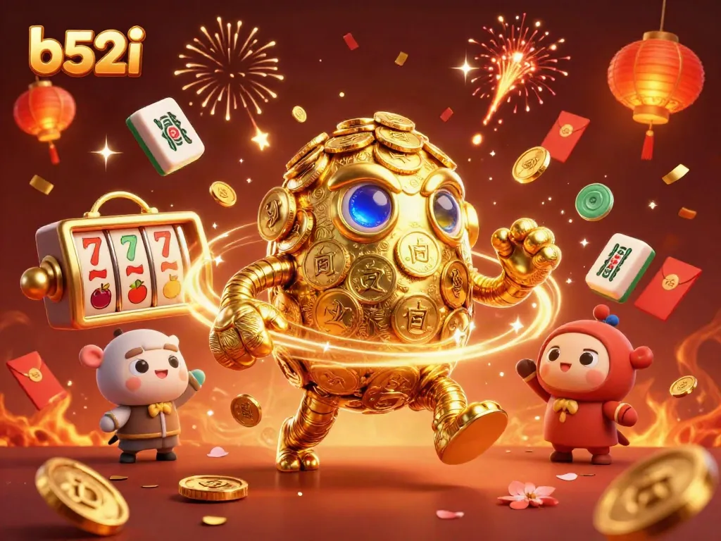 Experience thrilling wins with b52i's golden golem amid vibrant casino elements and slot symbols.