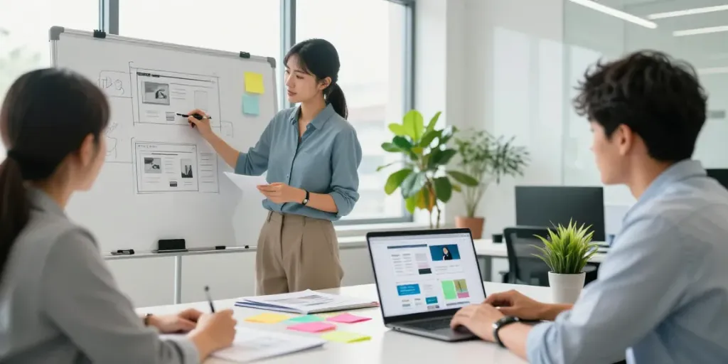 Webdesign Saarland - Kreatives Team arbeitet an Website-Layouts in modernem Büro.