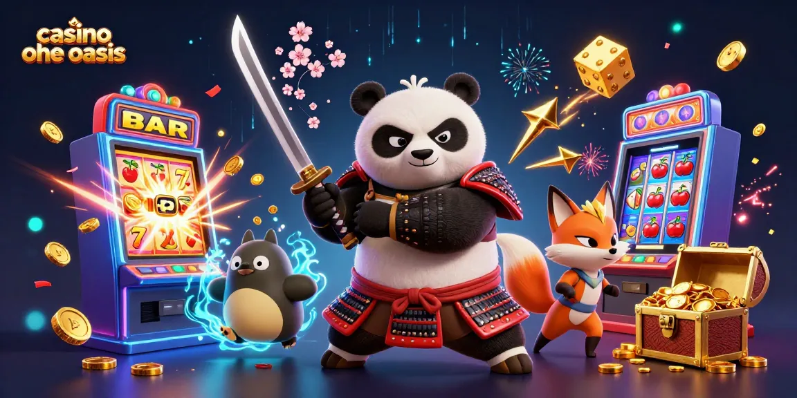Experience excitement at casino ohne oasis with a dynamic illustration of a samurai panda, ninja fox, and spirit tanuki amidst vibrant casino elements.