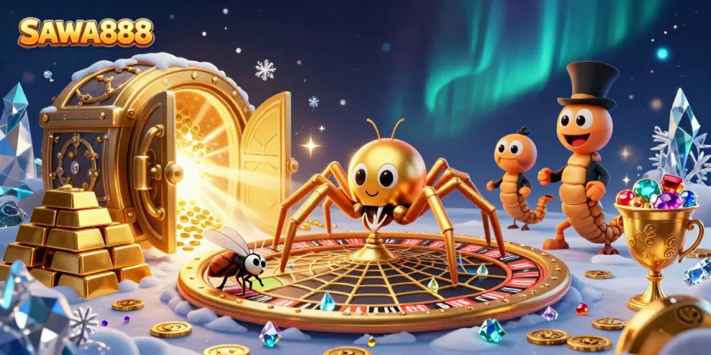 Experience thrilling gambling action with SAWA888 featuring a golden web roulette scene alongside treasure and jewels