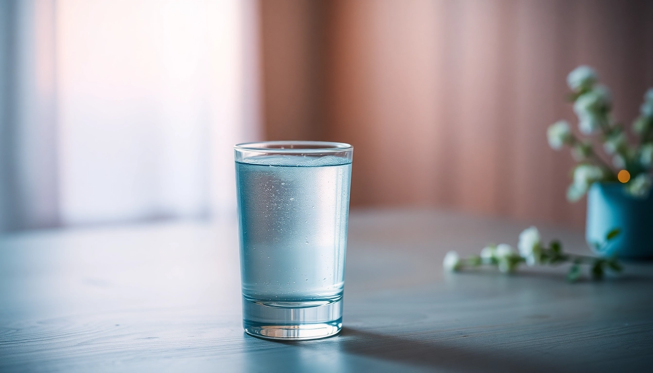 Genießen Sie erfrischendes Silberwasser in einem eleganten Glas, umgeben von beruhigenden Farben und natürlichem Licht.
