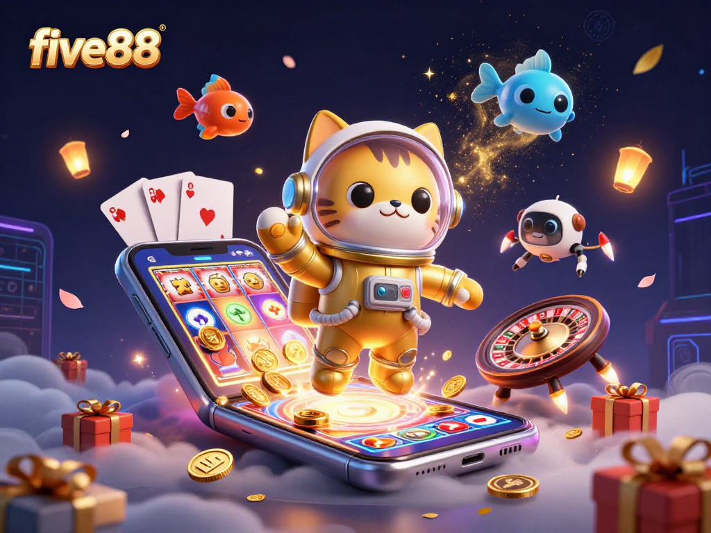 Engage in thrilling gameplay at five88 with a vibrant scene of casino elements combined with fun characters.