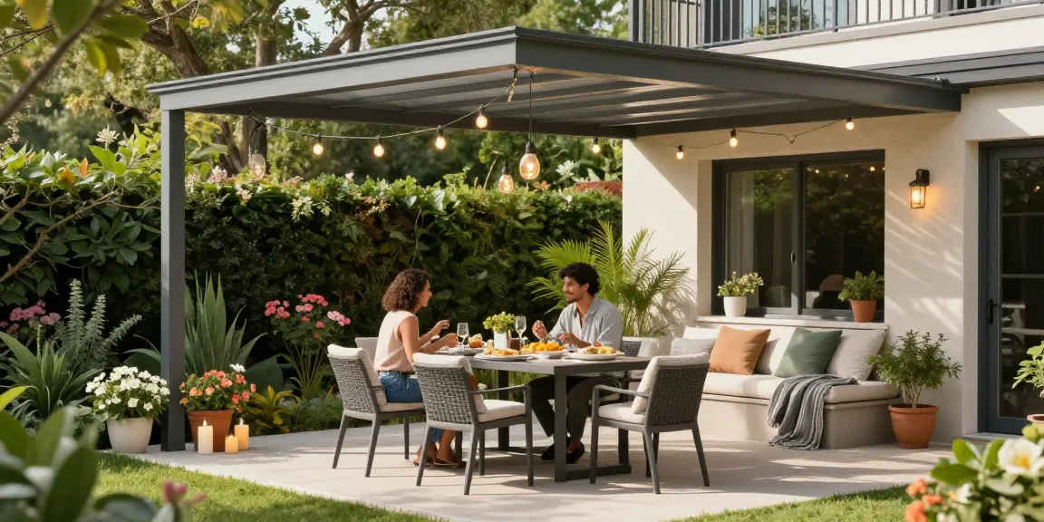 Gemütliche Terrasse mit moderner Terrassenüberdachung und stilvollem Essbereich im Freien