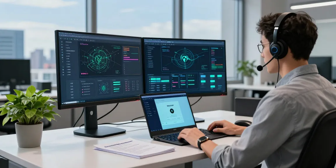 Mullvad VPN Sicherheit showcased in a modern cybersecurity workspace with dual monitors and secure network displays.