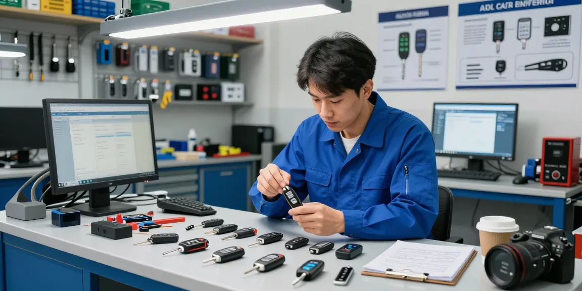 Ein Techniker in der Werkstatt untersucht Autoschlüssel und Teile, um Lösungen anzubieten, einschließlich Schlüssel wie KIA, Hyundai, bitte schön.