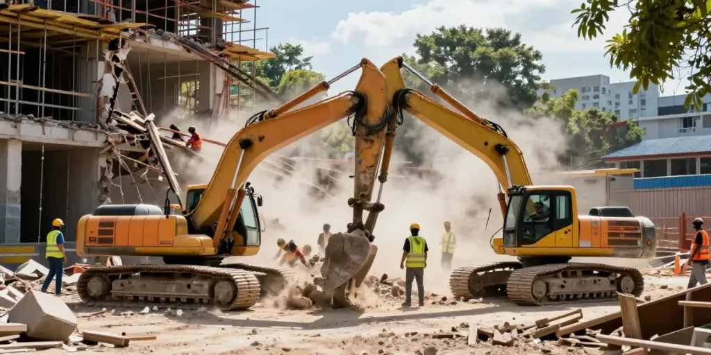 Abbruch Kosten: Dynamische Baustelle mit Bauarbeitern und Maschinen beim Abriss eines alten Gebäudes.