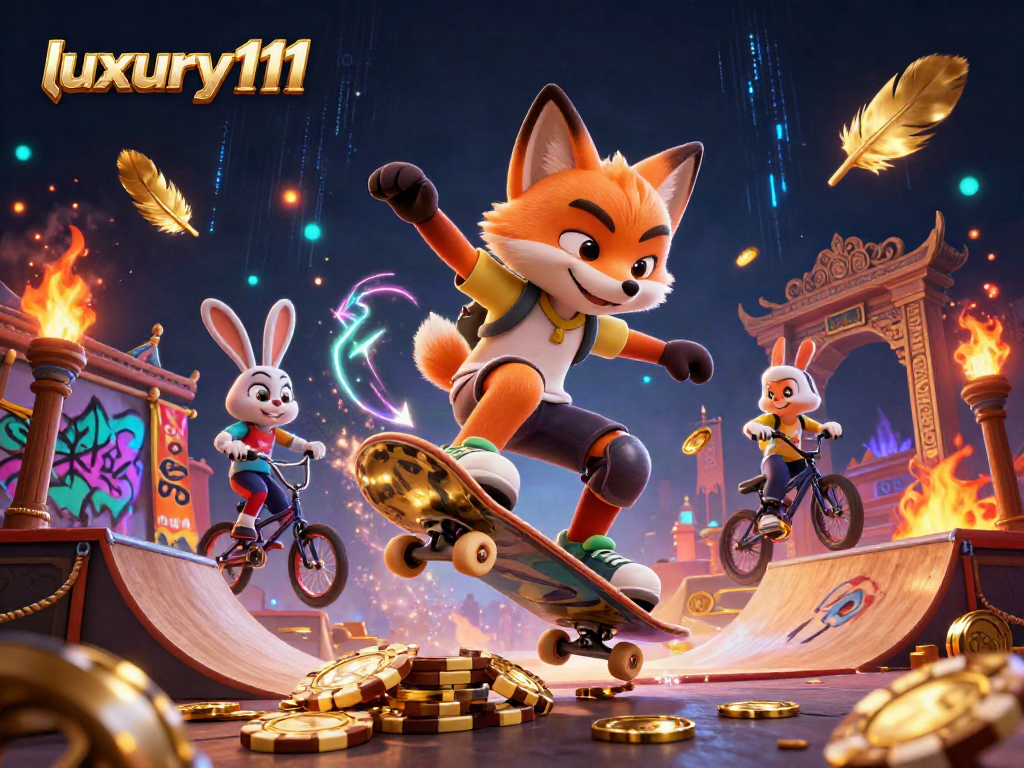 Experience thrilling action with luxury111 as a skateboarder fox performs stunts over golden chips in a vibrant casino.
