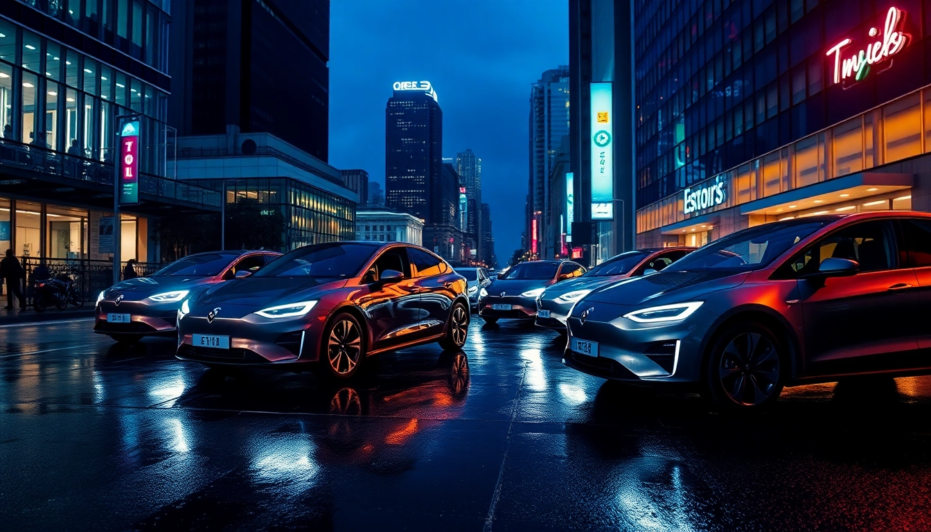 Elektroautos auf einer lebendigen Stadtstraße, umgeben von moderner Architektur und Neonlichtern.