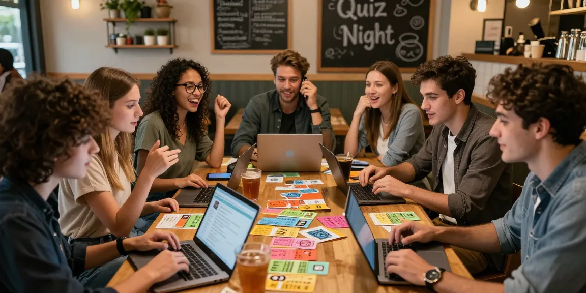 Quiz Allgemeinwissen in einer freundlichen Kaffeehaus-Atmosphäre mit Freunden, die ihr Wissen testen.