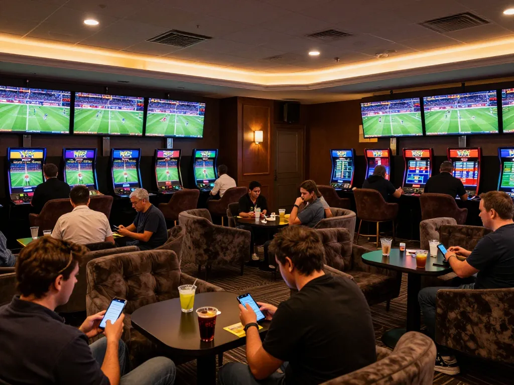 F168 sports betting lounge filled with enthusiastic bettors engaged in live wagering activities.